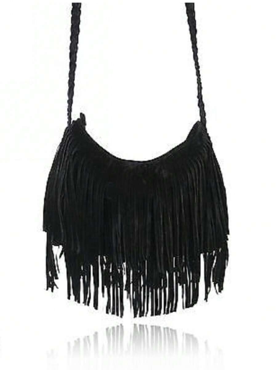 Women Girl Tassel Suede Handbag Fashion Messenger Shoulder Bag Elegant Beautiful Satchel, Newest Fashionable Suede Bag For Women - 黑色 - 查看 1