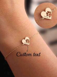 Customized Cute Paw Print Heart Bracelet, Personalized Pet Memorial Gift With Name Engraved, Cat Dog Paw Bracelet, Animal Lover Jewelry,New Year Glamour - Silver - View 2