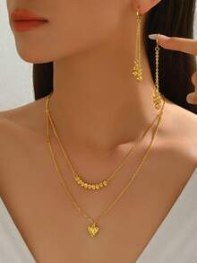 3pcs/Set Minimalist Elegant Round Bead Geometric Tassel Long Necklace & Earrings Jewelry Set, Suitable For Women's Wedding, Anniversary, Evening Gown - Gold - View 6