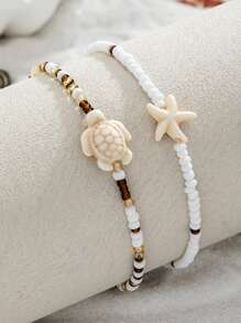 2pcs Boho Style Starfish & Turtle Beaded Anklet, Suitable For Daily Wear And Beach Vacation