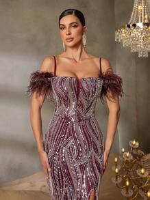Faeriesty Faeriesty Elegant Off-Shoulder Mermaid Evening Gown - Sequin & Beaded Dress With Feather Embellished Shoulders, Cross Back Strap Detail & High Slit Fish Tail Skirt For Red Carpet Galas, Luxury Wedding Banquets, Elegance Events