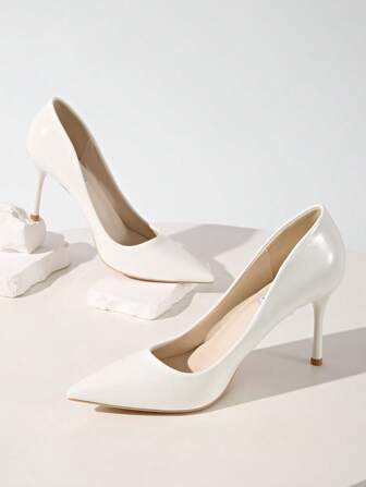 Dam High-End Ren Vit Glansigt Läder 8.5cm Tunn Klack Spetsig Tå Grunt Sexigt Nattklubb Mode Bröllop Pendling Dagligen Högklackade Pumps, Elegant