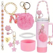 8 件适用于斯坦利杯装饰配件，8-9 毫米吸管盖，硅胶靴 30 40 盎司兼容斯坦利杯，女孩圣诞礼物，DIY 礼物创意装饰，感恩节装饰，朋友礼物装饰，圣诞派对装饰，适用于斯坦利配件，圣诞杯 - 粉紅色26字母 - 查看 12