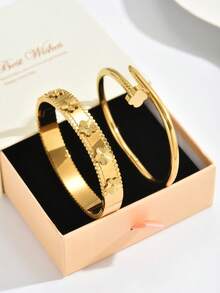 1 pieza Pulsera de acero inoxidable para mujer, adecuada para diversas ocasiones - Amarillo Oro - Ver 15