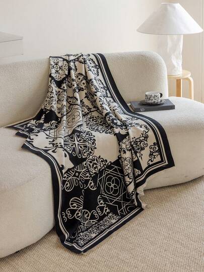 1 pieza Manta de jacquard con flores bohemias de estilo cachemir negro falso para sofá de oficina, cálida, chal para picnic al aire libre, cubierta para mascotas, manta de aire acondicionado, regalo sencillo apropiado para uso diario