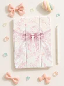 Beautiful Pink Flower Bow Pattern Transparent Silicone Shock-Absorbing Stand With Pen Slot, Suitable For Galaxy Tab A8 10.5, S6 Lite 10.4, S7/S8/S9Inch. It Supports Sleep Awakening As A Holiday Gift