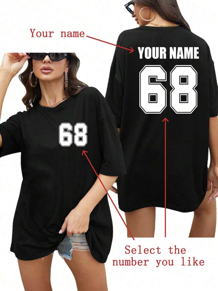 Custom Oversized Women's T-Shirts, Can Be Personalized With Your Number Logo, Name/Text/Lucky Number, Black Shirts, Women's Loose Short Sleeve T-Shirts, Holiday Gifts, Fall Clothing, Winter Clothing, Women's Tops, Best Friend Gifts, Anniversary Gifts, Party Clothing, Basketball Jersey Decoration, Fashion, Simple, Easy Clothing, Simple Chic, Casual, Comfortable And Unique, Custom Treasures, Beauty Clothing For Family, Ideal Gift For Friends, Pink Girls - 黑色 - 查看 1