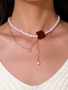 1pc Elegant Faux Pearl, Cubic Zirconia Flower & Bow Design Necklace, Suitable For Women's Daily Wear, Weddings, Engagements, Parties, Gift