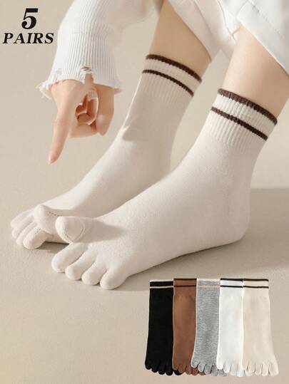 3/5 双女士条纹和纯色袜子，透气，吸湿排汗，休闲，适合所有季节的礼物，秋季
