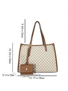 輕便商務休閒全印花對比邊緣肩托袋，附包，適用於少女、女性、大學生、新手和白領工人，在辦公室、大學、工作、上下班、戶外、旅行和外出時使用，時尚女包