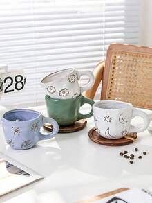 1 件可爱动物陶瓷杯，手绘云朵/花朵图案雕刻杯 - 适用于拿铁、早餐牛奶、创意卡布奇诺杯，是送给可爱风格爱好者的理想礼物 - 單杯 - 查看 2