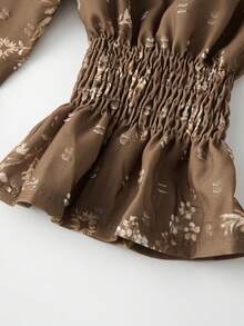 Women's Button Down Blouse Loose Fit Solid/Floral Print Ruffled V Neck Elbow Sleeve Tops - Cà phê nâu - Xem 4