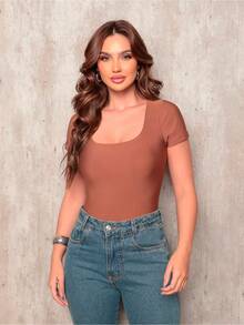 Basic Square Neck Blouse With Sleeve Comfortable Elegant Women's Fashion - Rỉ Nâu - Xem 1