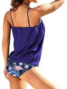 Two Piece Bandeau Tankini Swimsuits Women Loose Blouson Swim Top With Bikini Bottom Tummy Control Bathing Suits - Purple Flamingo - View 5