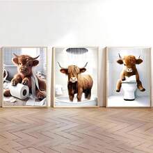 1/3 件套奇思妙想高地牛浴室海报 | 有趣的农场动物帆布艺术，Cottagecore 奶牛礼品，适合幽默爱好者的农舍墙壁装饰，无框架