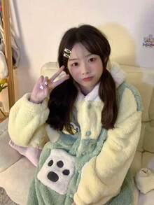 Bata de Invierno Mujer con Capucha de Pelo Coral - Diseño Animal Peludoso, Ultra Caliente y Transpirable para Fiesta de Pijamas - Verde - Ver 4