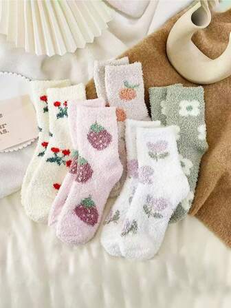 5 Pairs Women's Cherry Fruit Multicolor Coral Fleece Warm Sleeping Socks, Suitable For Gifts, Korean Style Sleeping Socks, Mid-Calf Socks, Fluffy Socks, Cozy
