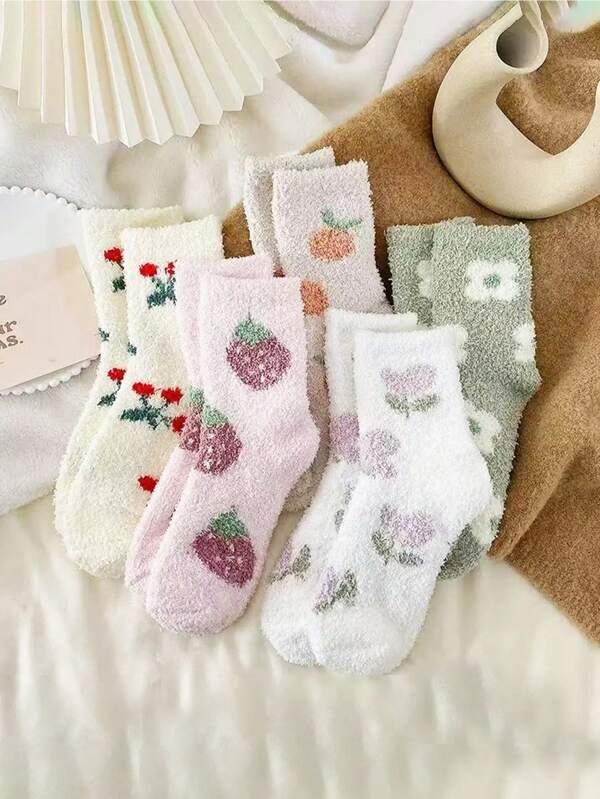 5 Pairs Women Cherry Fruit Multi-Color Coral Fleece Warm Sleeping Socks, Fuzzy Crew Socks