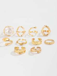 10pcs Fashion High-End Versatile Niche Multielement Metal INS Style Wrinkle Knuckle Rings, Women Personalized Glossy Faux Pearl Open Rings - Multicolor - View 5