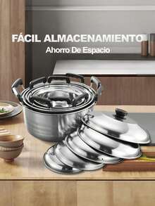 10 Piezas Batería de Cocina Juego de Ollas de Acero Inoxidable con Antiadherente Vaporera para Cocina, – Resistencia y Estilo para tu Cocina ﻿ - Plateado - Ver 4