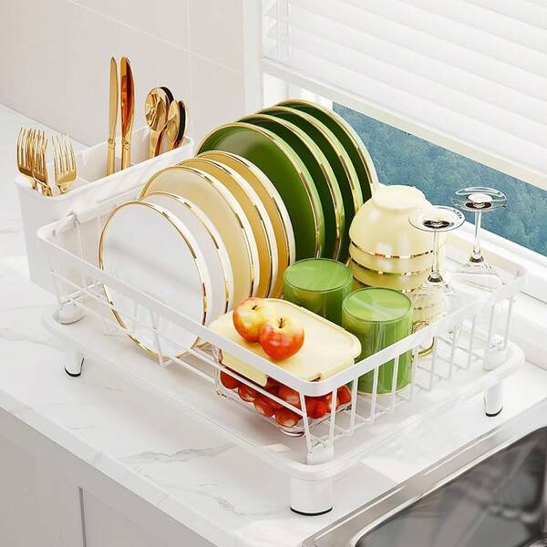 Dish Drainer Rack With Drip Tray, Sink Dish Drainer With Drainage Spout, Stainless Steel Dish Drying Rack With Cups, Utensil & Cutting Board Holders Kitchen Counter Space-Saving, Black