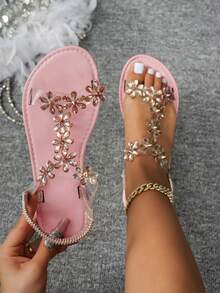 Wide Fit Classic White Flat Sandals For Women, Featuring Butterfly Decor, Elastic Design At Heel, Fashion Casual Vacation Style, Comfortable Lightweight Non-Slip - Pink - View 2