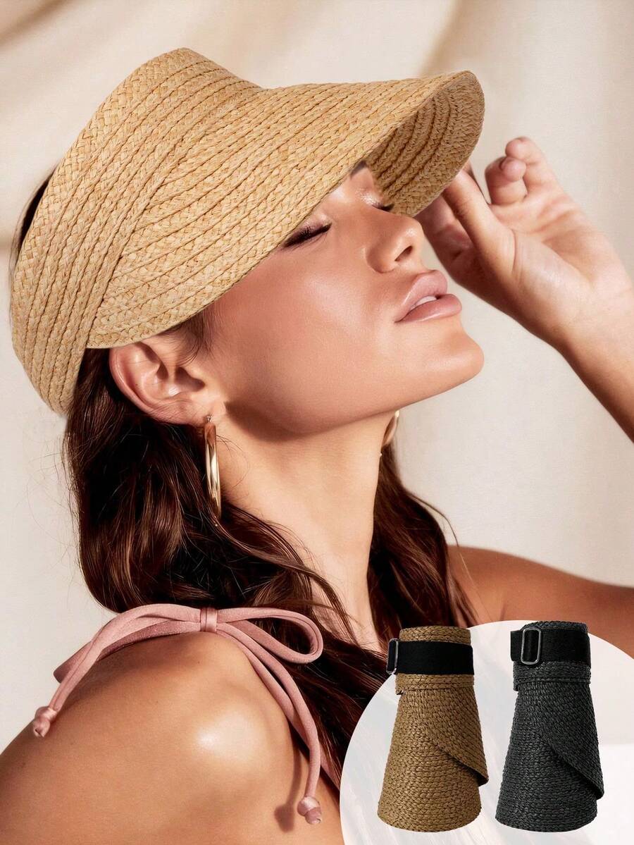 1 件可折叠草编遮阳帽，波西米亚风格宽边编织太阳帽，户外旅行沙滩防晒帽，夏季女士可折叠帽子 - B - 查看 1