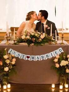"1pc Wedding Decorative Banner With ""Just Married"" Lettering And Ribbon Tail In White" - White - View 3