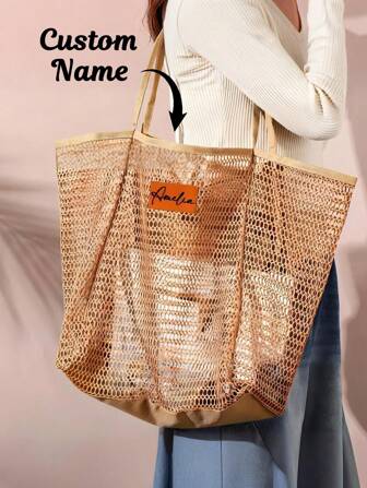 1 Piece Custom Mesh Beach Bag,Outdoor Hollow Out Breathable Bag,Personalised Name,Lightweight Large Capacity,Reusable,Swimming Pool Holiday Tote Bag,Shoulder Shopping Bag,Travel Toiletries Bag,Bridesmaid Beach Tote Bag,Summer Beach Bag,Gift Bag