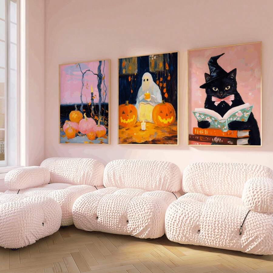 3 件套万圣节画廊套装、黑猫女巫印花、女巫装饰、万圣节墙面套装、万圣节可打印墙面艺术、万圣节装饰、房间装饰美学、家居装饰、帆布墙面艺术、墙面装饰、卧室装饰、可选画框