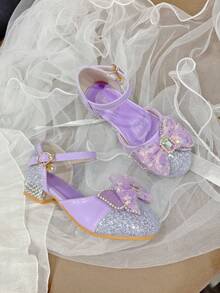 Scarpe con tacco alto e spesso per ragazze, con fiocco decorato con cristalli, luccicanti, adatte per principesse, occasioni di festa, multistag ione - Viola - Visualizzare 4