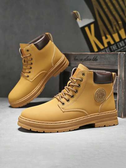 男士靴子高帮休闲军靴，英伦风格，无毛皮，大码，皮革，休闲工作靴，增高，适合所有季节 2000 年代风格街头服饰