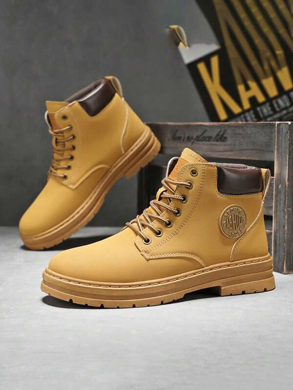 Men's Boots High-Top Casual Military Boots, British Style, Non-Fur, Large Size, Leather, Casual Work Boots, Height Increasing, Suitable For All Seasons 2000s Style Streetwear