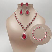 1 par de aretes + 1 collar + 1 pulsera Elegante juego de joyas chapado en plata con incrustaciones de piedras de imitación en múltiples colores para que elijas y combinar con tus atuendos diarios