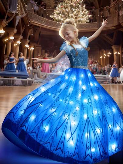 Young Girl's Light-Up Snowflake Tulle Princess Dress, For Birthday Party ,Festival And Stage Performance Cosplay Dress Up Costume (Battery Not Included)