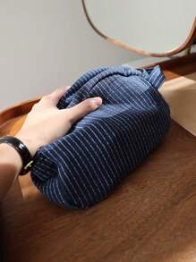 Classic Striped Large Capacity Handheld Makeup Bag, Linen Fabric, Dark Color Zipper, Skincare Products Travel Storage Pouch