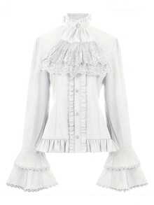 Elegant Vintage Victorian Lace Patchwork Flare Sleeve Costume Top - White - View 1