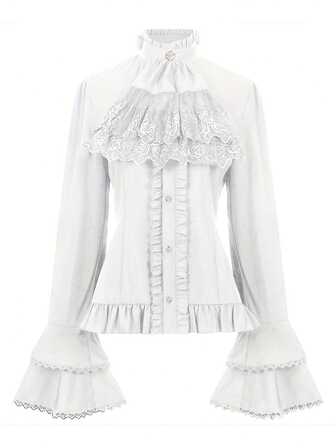 Elegant Vintage Victorian Lace Patchwork Flare Sleeve Costume Top