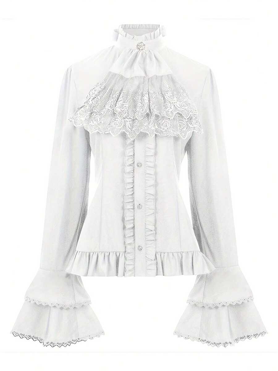 Elegant Vintage Victorian Lace Patchwork Flare Sleeve Costume Top - White - View 1
