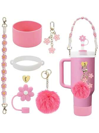 7 قطع من مجموعة إكسسوارات الكوب وتتضمن: مقبض، حزام، غطاء سيليكون للقاعدة، غطاء القش، جاذبيات لأكواب 40 أونصة و30 أونصة