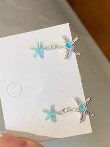1 Pair Delicate Crystal Ocean Starfish Earrings, Adorable & Ethereal Beach Style Earrings For Women