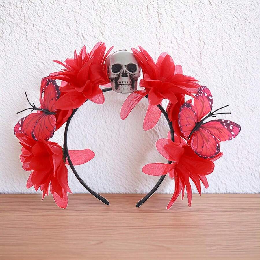 Diadema de Halloween para mujer con calaveras, flores y mariposas, aro para el pelo para fiestas, disfraces, accesorios para fotos. - Rojo - Ver 1