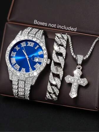 3 件男士银色表带时尚简约罗马数字刻度带日历石英表手链项链首饰套装适合日常佩戴装饰或节日礼物