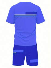 Conjunto Esportivo Casual Masculino, Camiseta e Shorts Estampados 3D de Verão, Tecido de Malha Respirável - Azul - Visão 1