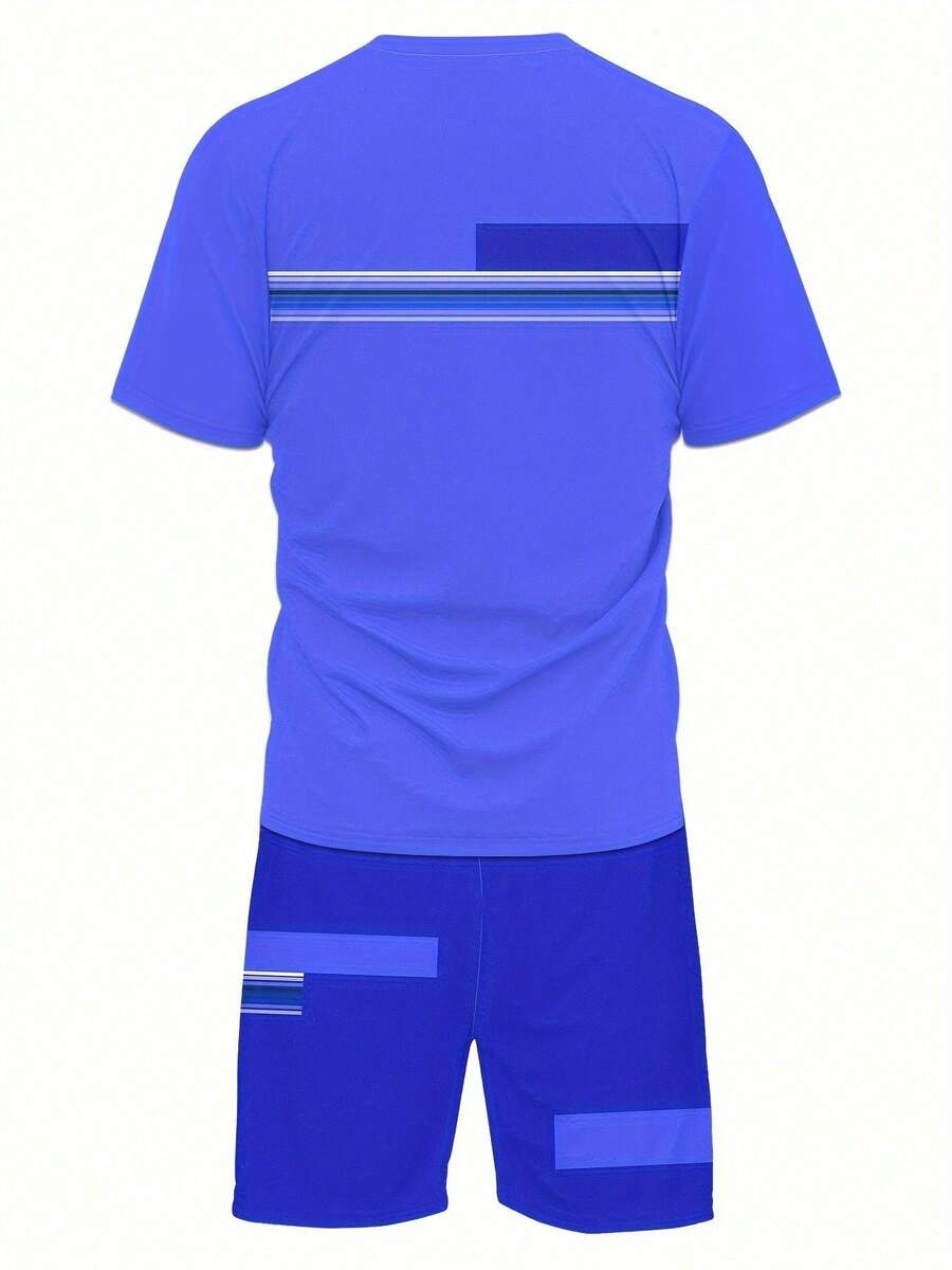 Conjunto Esportivo Casual Masculino, Camiseta e Shorts Estampados 3D de Verão, Tecido de Malha Respirável - Azul - Visão 1