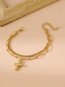 1pc Gold Double Heart Chained Bracelet - 金色 - 查看 3