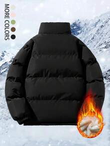 Manteau d'hiver casual pour hommes, doublé thermique matelassé, fermeture éclair avant, doublure en peluche, capuche amovible, tissu épais, manteau à manches longues pour l'hiver - Noir - Voir 3