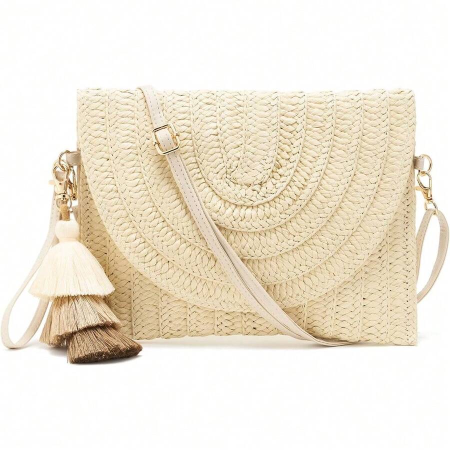 Syrads Straw Clutch Bag Femme - Sac Paille Été Plage Envelope Clutch - Caqui - Format 20x30 Cm
