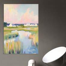 Framed Grandmillenial Nursery Pastel Landscape | Vintage Lowcountry Marsh Printable | Oil Painting Digital Art | Baby Room Wall Decor | Retro Style - Framed - View 3