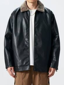 男士加大码长袖保暖PU皮夹克，黑色翻领机车仿皮夹克，适合秋冬季节，朋克风